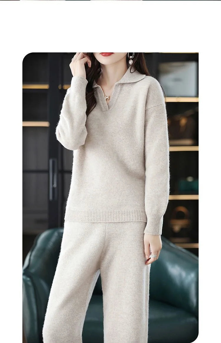 Knitted Suit Women's 2024 New Fashion Autumn Winter Long-sleeved Lapel Sweater+Wide leg pants Female Loose Casual Two-piece Sets
