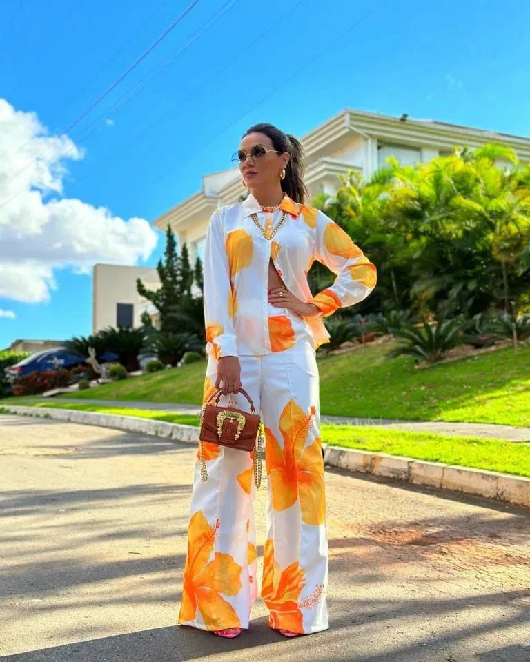 2023 Women's Casual Daily Shirt Set Floral Fashion Printed Shirt Spring Autumn Wide Leg Pants Women's Office Two-piece Set