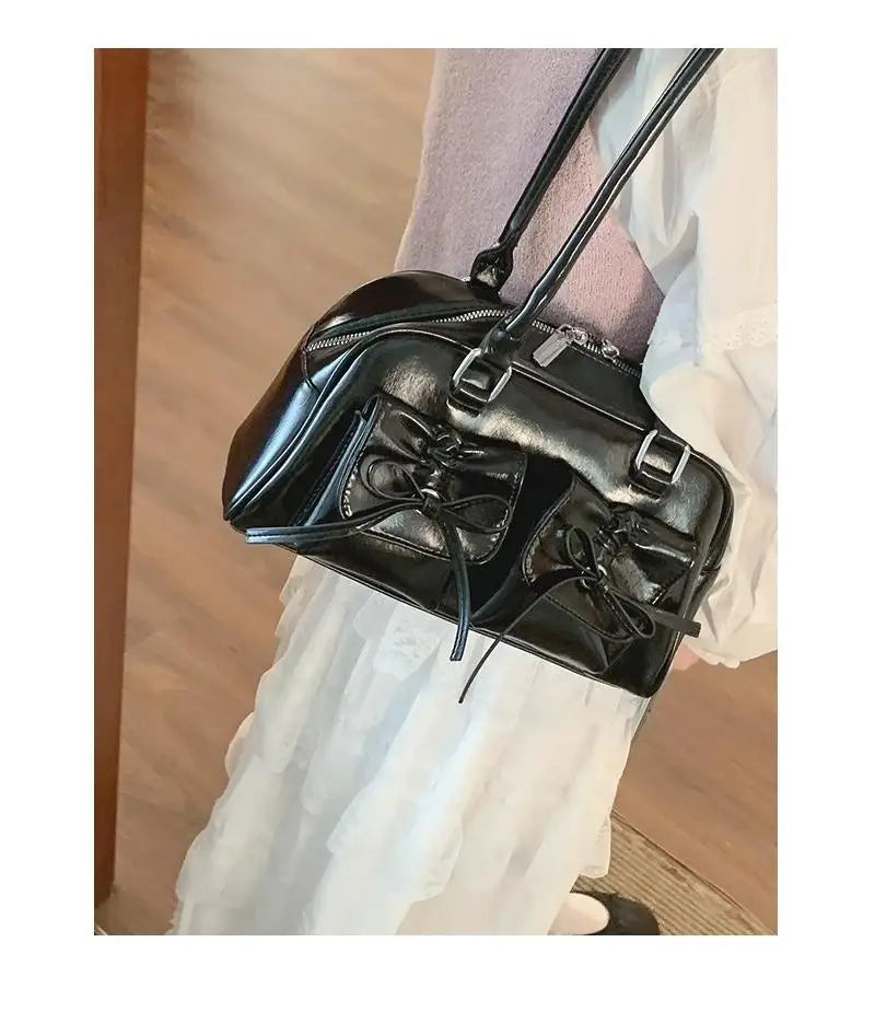 Xiuya Silver Pleated Womens Shoulder Bag Elegant Gentle Korean Fashion Leather Handbag Bow Sweet New Simple Ladies Boston Bag