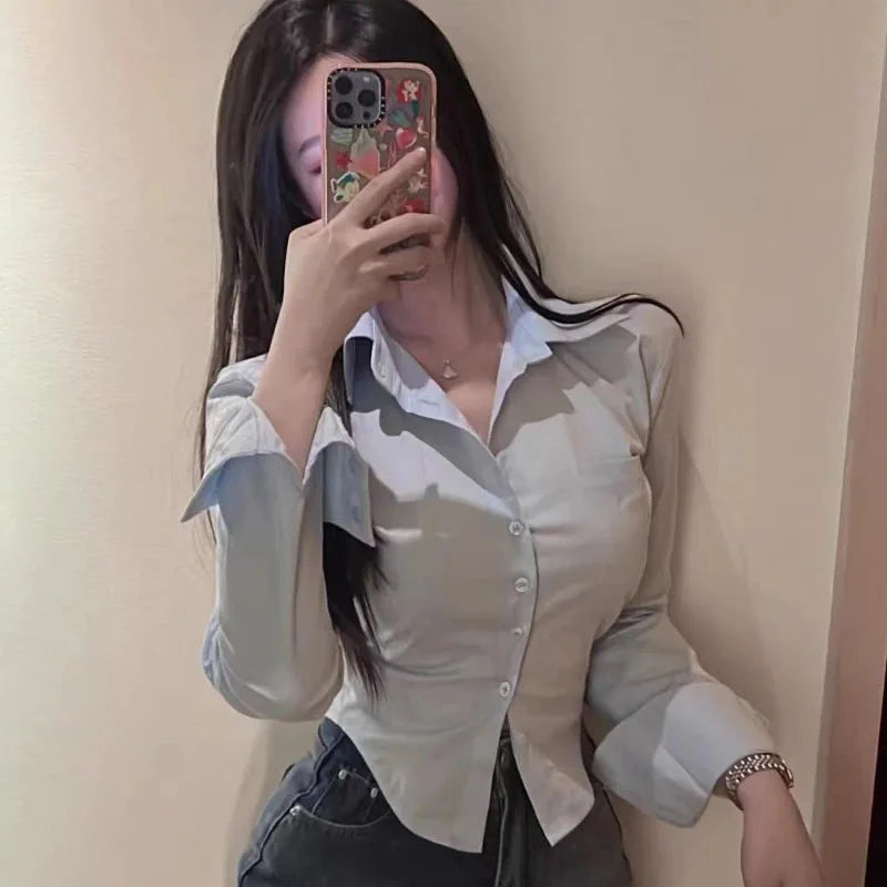 Xpqbb White Shirts Women Korean Style Buttons Folds Slim Fit Crop Tops Female All-Match Daily Design Office Long Sleeve Blouses
