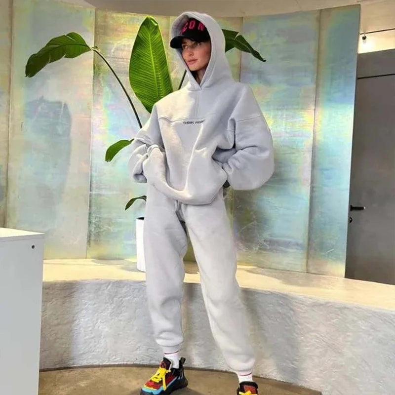 2024 New Women's Casual Fashion Print Suit Solid Color Thickened Warm Hooded Top Elastic Sports Pants Female's Two Piece Set