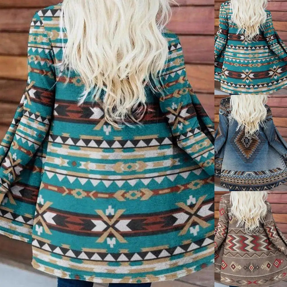 Pretty Female Coat Long Sleeve Coat Comfortable Ethnic Print Cardigan Top Winter Coat Keep Warm