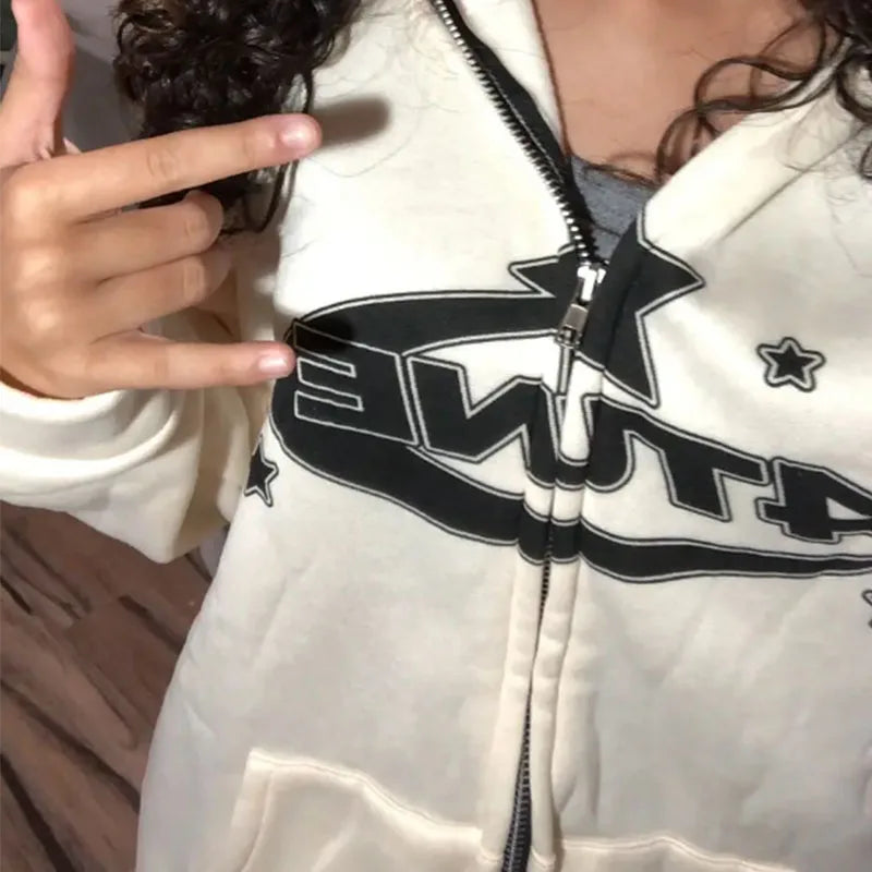 2023 Autumn and Winter Harajuku Hooded Coat Y2k Street Girl Boy Thicken Jacket Top Funny Star Pattern Pullover Hoodie