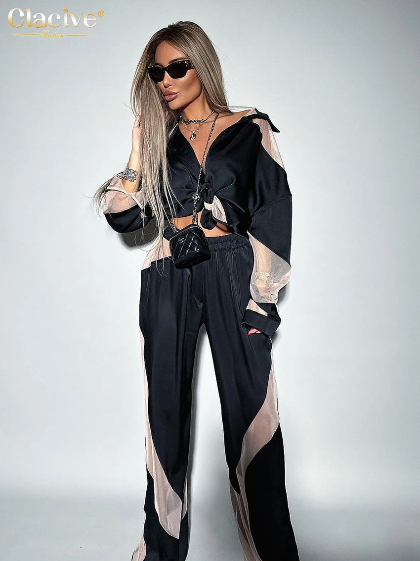 Clacive Elegant Women'S Sets Fashion Loose Spliced High Waist Pants Set Casual Long Sleeve Shirts 2 Piece Sets Women Outfit 2023