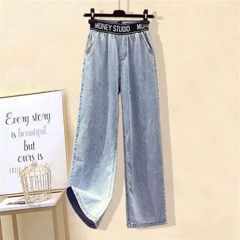 Autumn New Letter Print Lace Up T-shirt High Waist and Wide Leg Jeans Two-piece Set Elegant Women's Pants Set Female Tracksuit