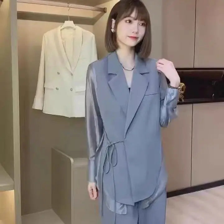 Summer New Hollow Sun Protection Chiffon Shirt Blazer Wide Leg Pants Two Piece Set Elegant Women's Pants Set Office Outfits