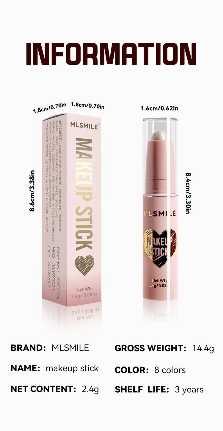 MLSMILE 8 Color High Gloss Pearl Contouring Stick Face Brightening Sleeper Silkworm Pen three-dimensional Face contour Shadow