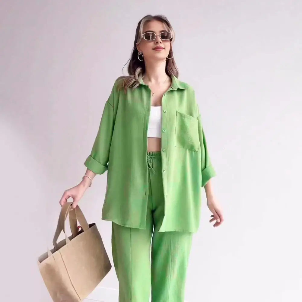 Solid Color Two-piece Outfit Stylish Women's Shirt Pants Set with Lapel Collar Chest Pocket Casual Outfit with for Everyday