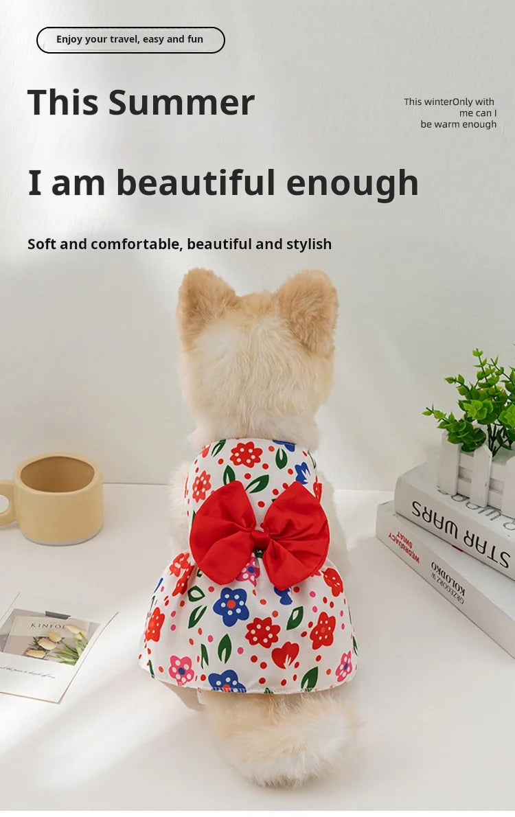 Dog Princess Dress Print Summer with Bowknot Button Sweet Cute Puppy Cat Skirt Thin Pets Wedding Party Chihuahua Clothes