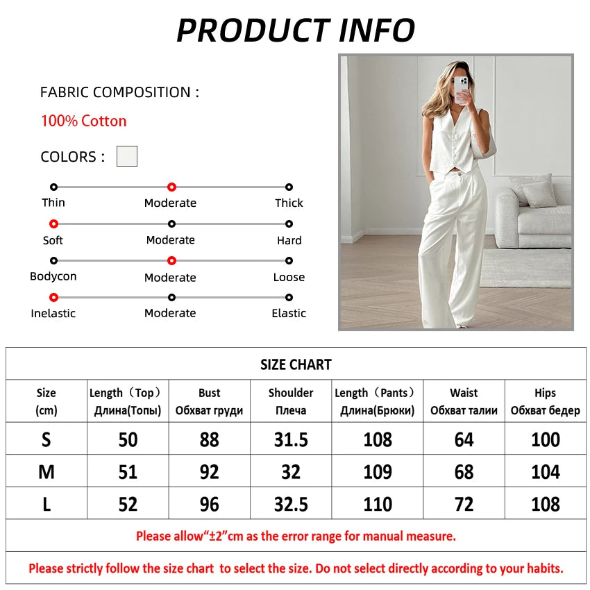 Mnealways18 White Cotton Pants Women's 2-Piece Set Clothing Linen Blazers Tops And Wide Leg Pants Elegant Women's Ensembles 2024
