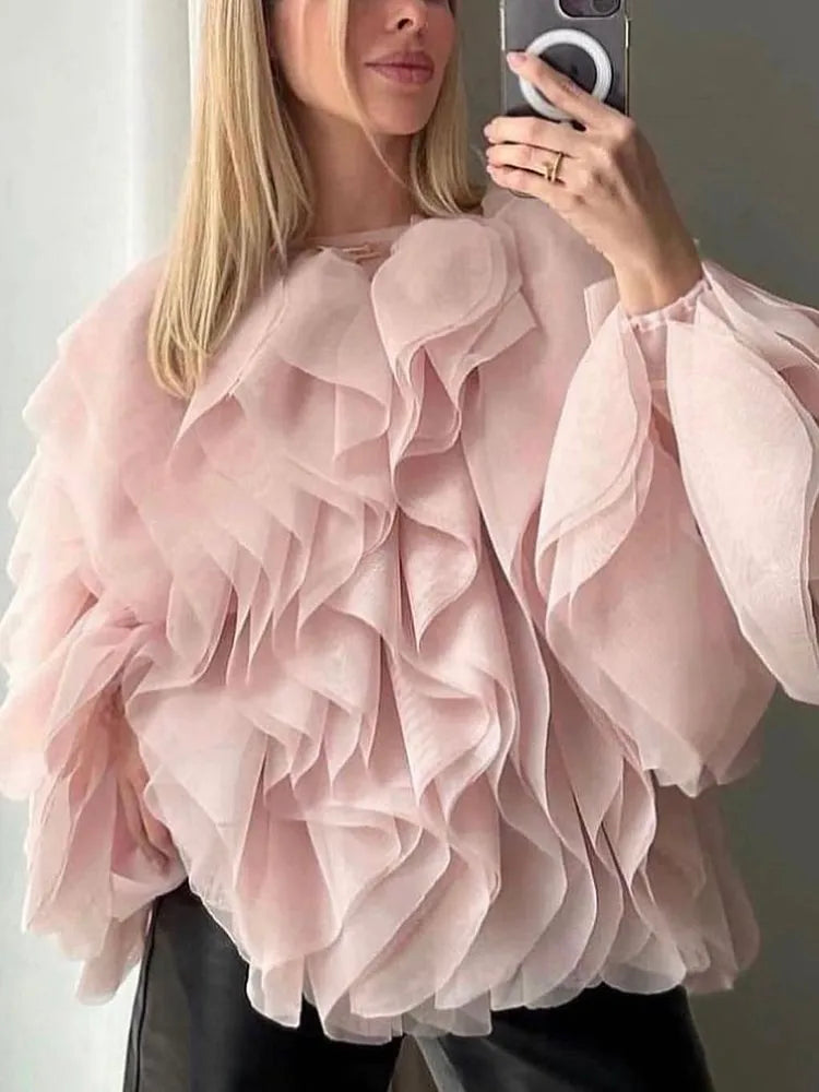 TWOTWINSTYLE Solid Patchwork Folds Shirts For Women Round Neck Lantern Sleeve Spliced Lace Up Loose Pullover Blouse Female Style