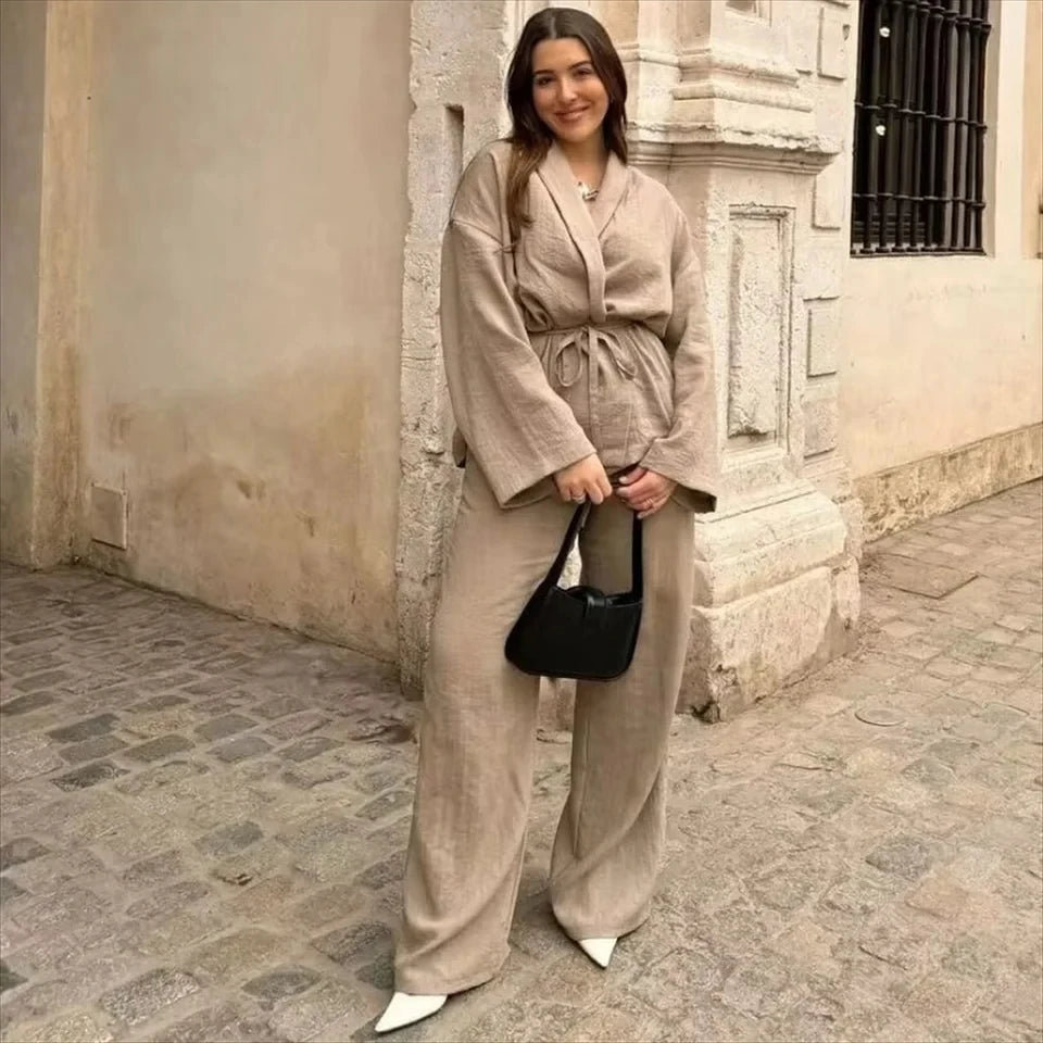 Vintage Lace Up Pants Sets Women Loose Lapel Long Sleeve Shirts Wide Leg Trouser 2024 Spring Summer Women's 2-piece Pant Set New
