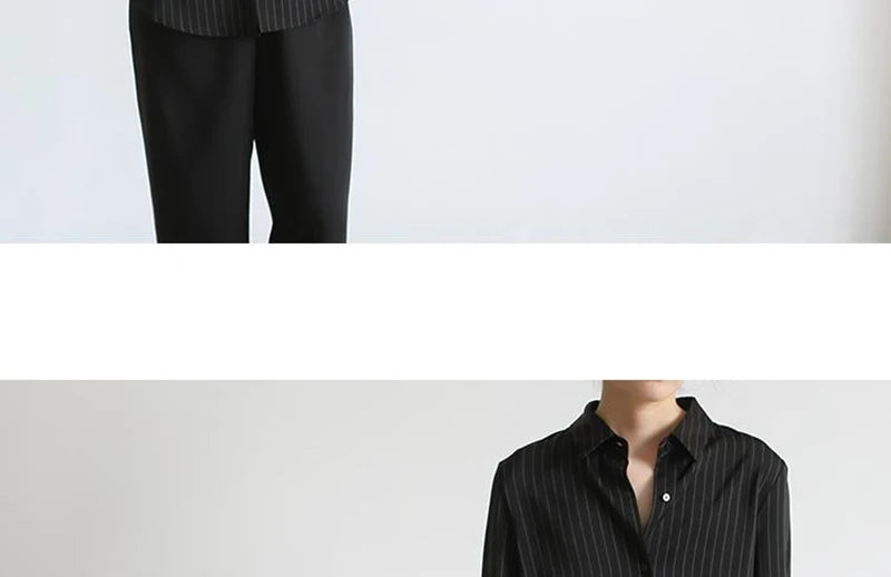 MEXZT Vintage Black Striped Shirts Women Office Long Sleeve Loose Casual Blouses Lady Korean Fashion Elegant Chic All Match Tops