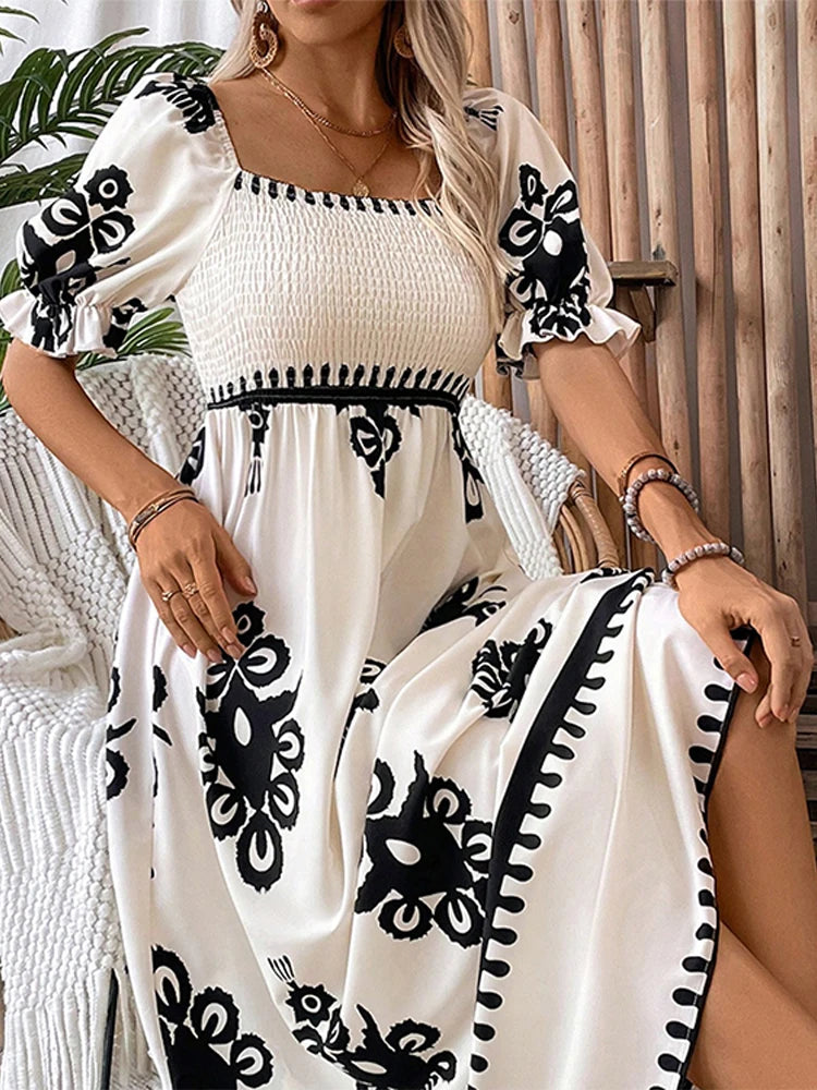 Printed Off Shoulder Dresses Stylish Casual Simple Square Collar Waist Cinching Slimming Beach Holiday Chic Maxi Wrap Dress New