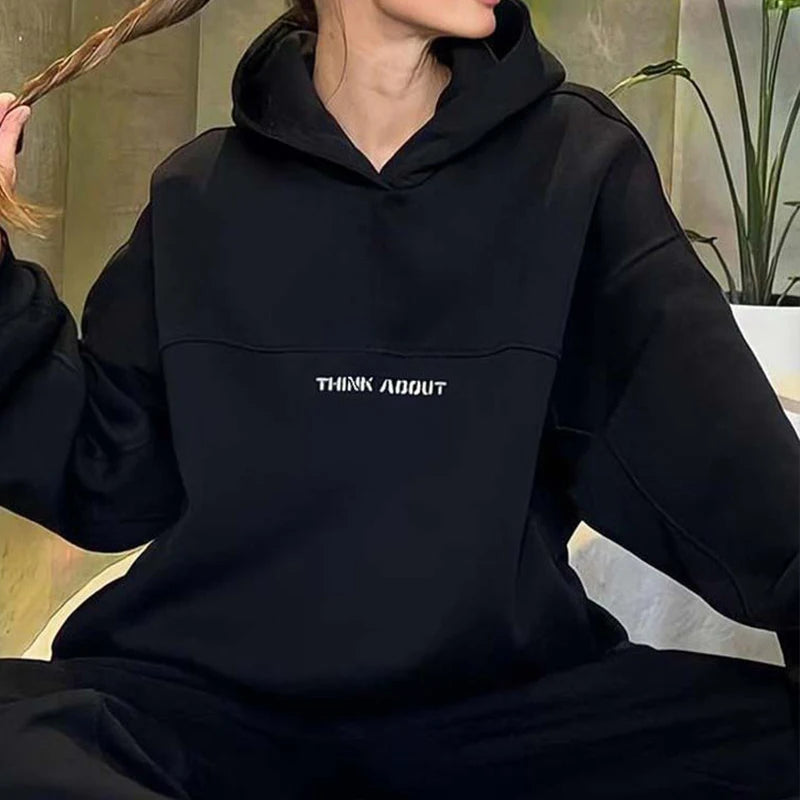 2024 New Women's Casual Fashion Print Suit Solid Color Thickened Warm Hooded Top Elastic Sports Pants Female's Two Piece Set