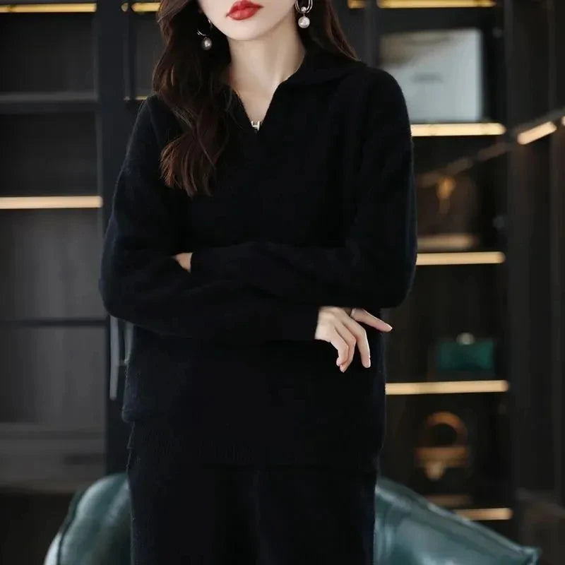Knitted Suit Women's 2024 New Fashion Autumn Winter Long-sleeved Lapel Sweater+Wide leg pants Female Loose Casual Two-piece Sets