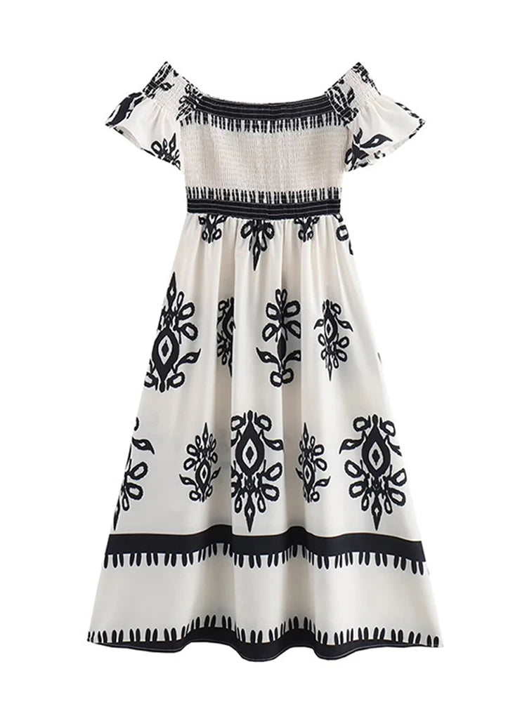 Printed Off Shoulder Dresses Stylish Casual Simple Square Collar Waist Cinching Slimming Beach Holiday Chic Maxi Wrap Dress New