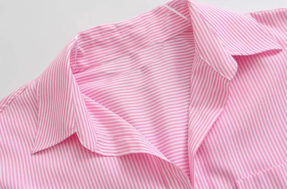 TRAF-Striped Loose Shirts With Pocket for Women, Long Sleeve, Button-up Blouses, Chic Tops, Female Fashion