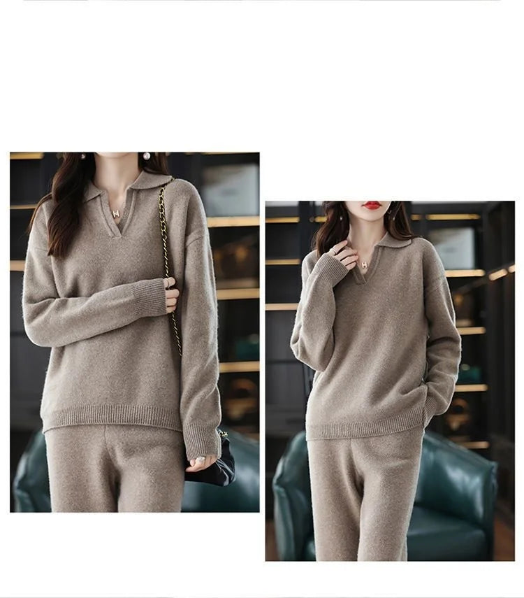 Knitted Suit Women's 2024 New Fashion Autumn Winter Long-sleeved Lapel Sweater+Wide leg pants Female Loose Casual Two-piece Sets