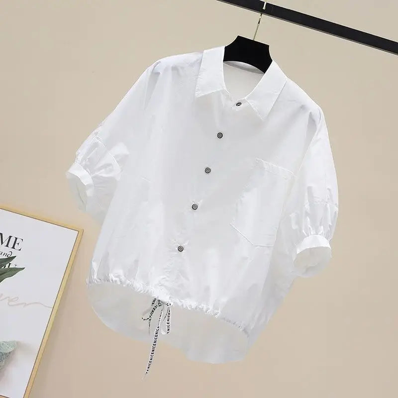 Summer New Bat Sleeve Pockets Shirt Women Loose Casual Short Sleeve Blouse Solid Lace Up Tops Half Shirts Lady High Street Trend