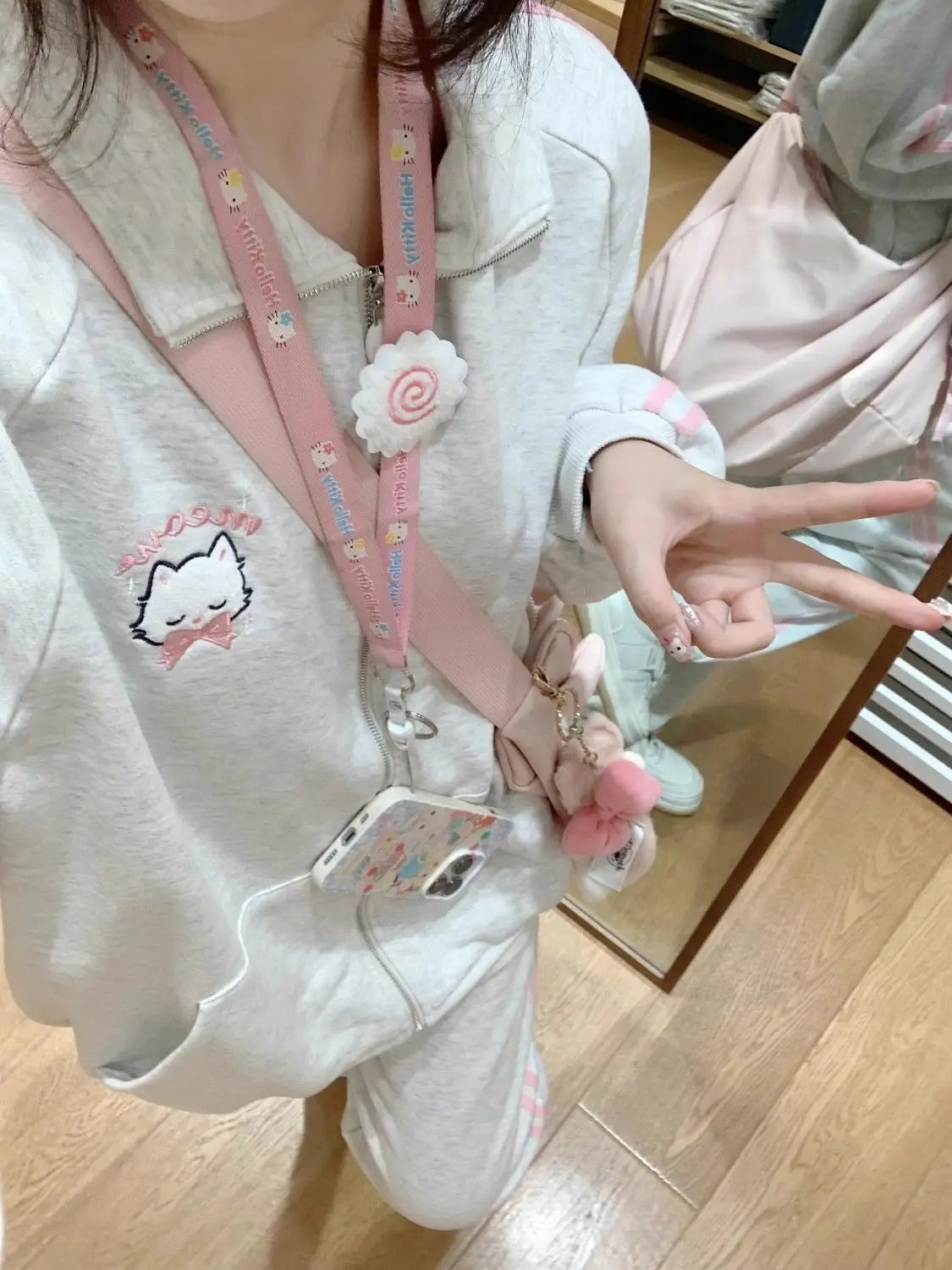 HOUZHOU Japanese Fashion Kawaii Zipper Hoodie Women Harajuku Cute Pink Cat Embroidery Oversized Hooded Sweatshirt Winter 2023