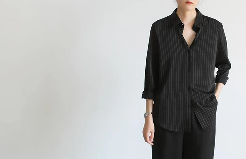 MEXZT Vintage Black Striped Shirts Women Office Long Sleeve Loose Casual Blouses Lady Korean Fashion Elegant Chic All Match Tops