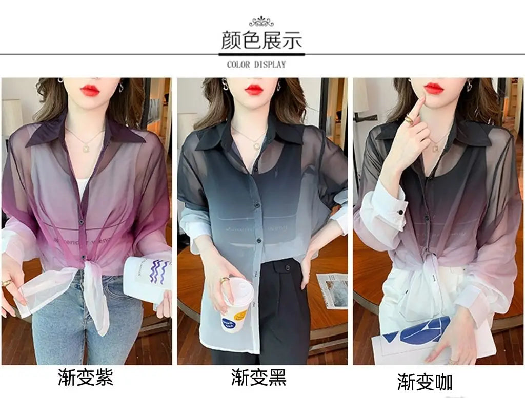 Shirts Women Gradient Loose Leisure Summer Sunscreen Lapel Thin Soft Designed Breathable Korean Fashion Clothing Office Lady New