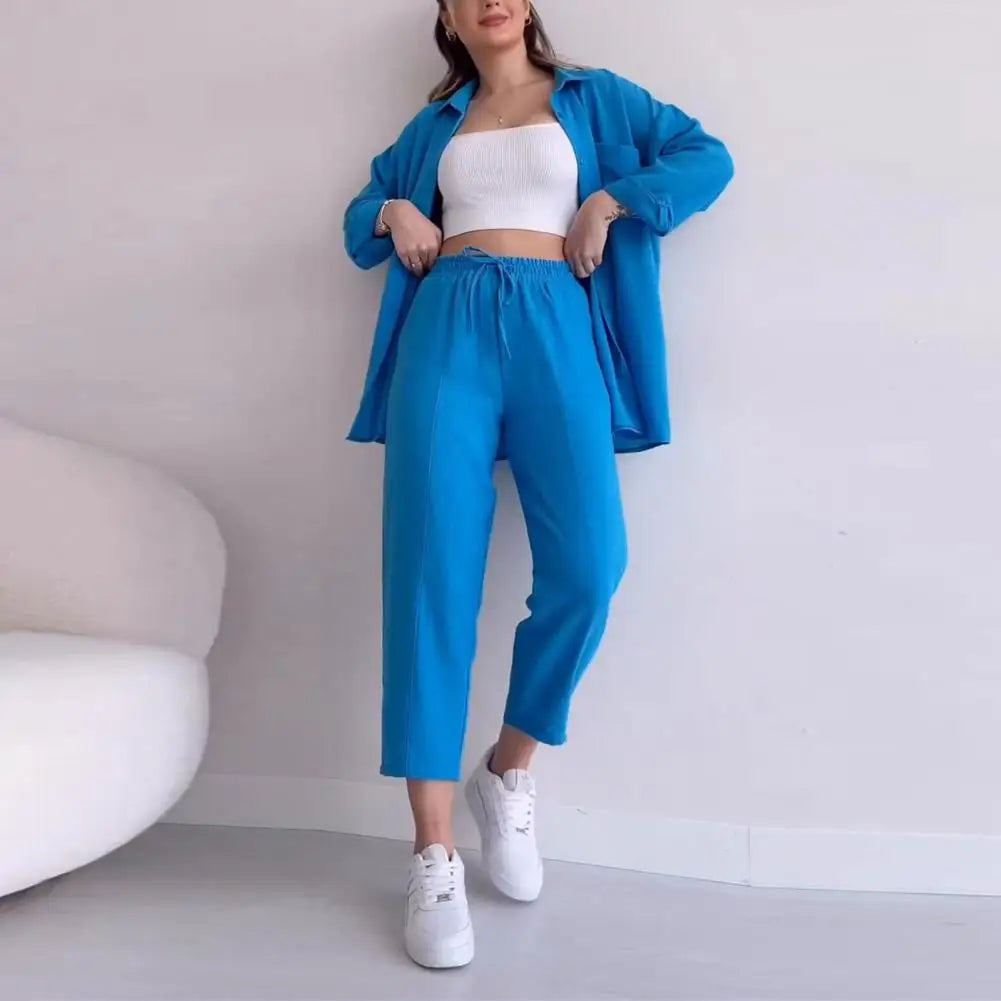 Solid Color Two-piece Outfit Stylish Women's Shirt Pants Set with Lapel Collar Chest Pocket Casual Outfit with for Everyday