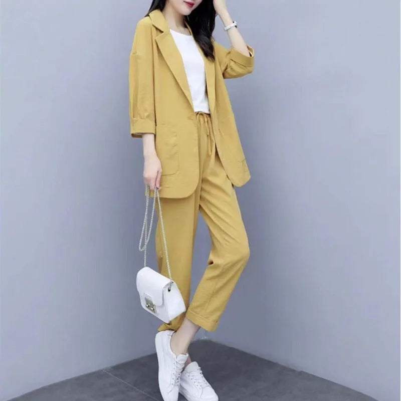 Spring and Autumn New Fashion Plus Size Women's Three Piece Suit Cotton Blended Single Button Coat Nine Point Pants Office