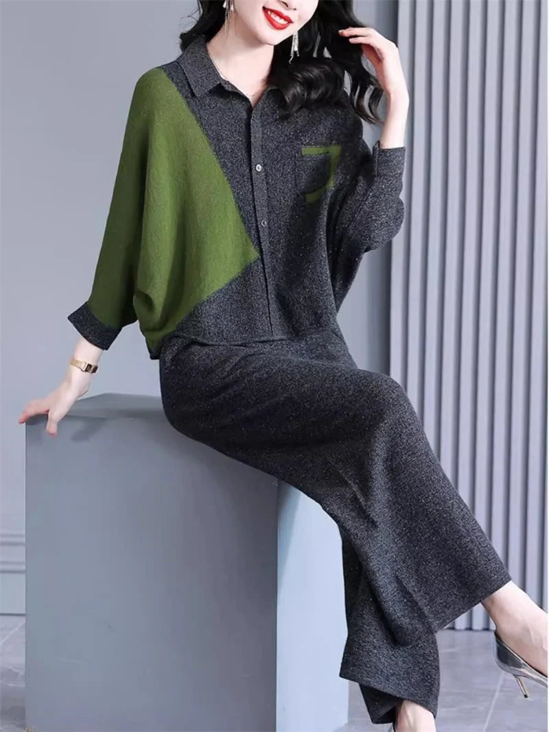 Self Made Knitted Two-piece Set for Women's 2024 Spring Clothing Set Socialite Temperament Wide Leg Pants Sweater Set Commuting