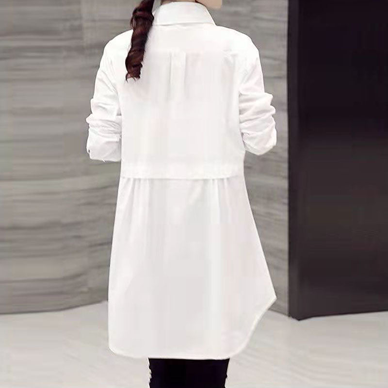 All-match Button Solid Midi Autumn Blouse for Female 2023 Korean Fashion Spliced Shirt Loose Long Sleeve Winter Polo-Neck Shirt