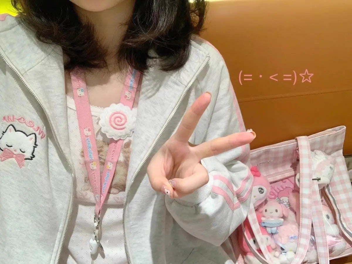 HOUZHOU Japanese Fashion Kawaii Zipper Hoodie Women Harajuku Cute Pink Cat Embroidery Oversized Hooded Sweatshirt Winter 2023