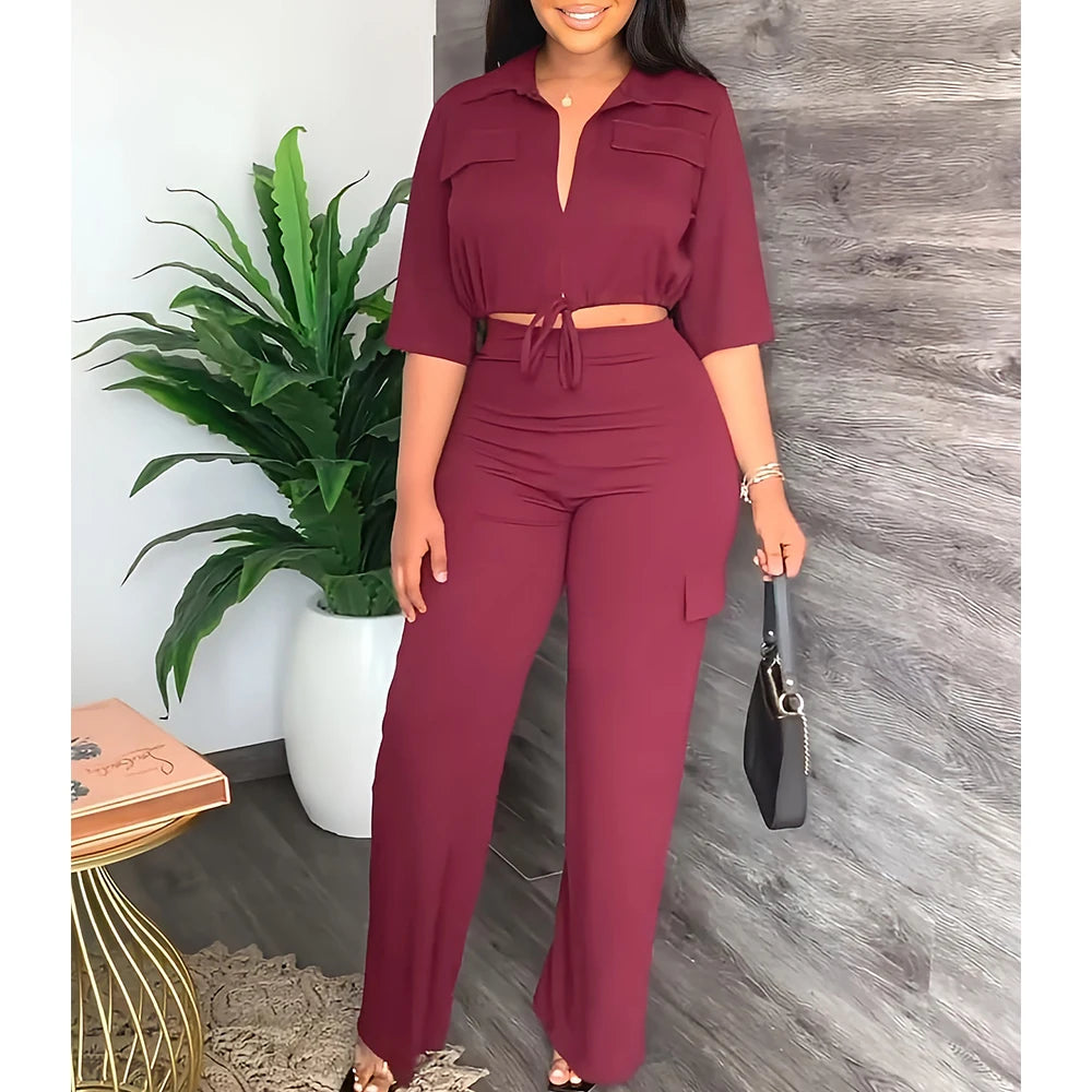 Elegant Women's Set Casual Drawstring Half Sleeve Short Blouse High Waist Straight Wide Leg Pant Suit Tracksuit Two Piece Outfit