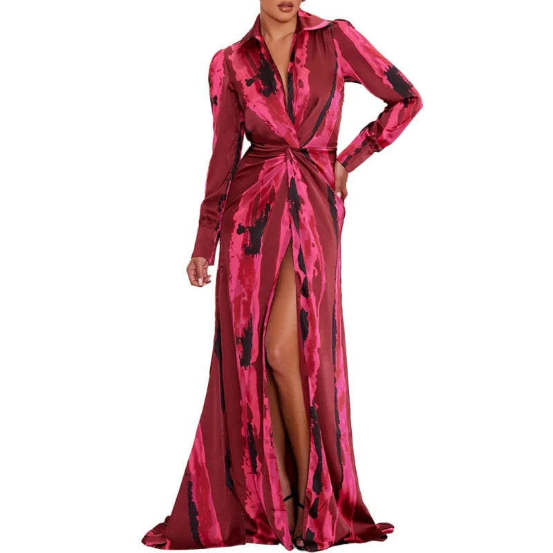 2024 Autumn Women's V-neck Printed Long Sleeve Flip Collar High Waist Split Evening Dress Long Skirt