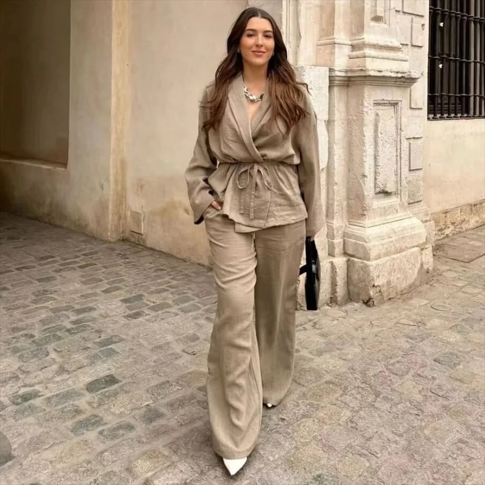 Vintage Lace Up Pants Sets Women Loose Lapel Long Sleeve Shirts Wide Leg Trouser 2024 Spring Summer Women's 2-piece Pant Set New