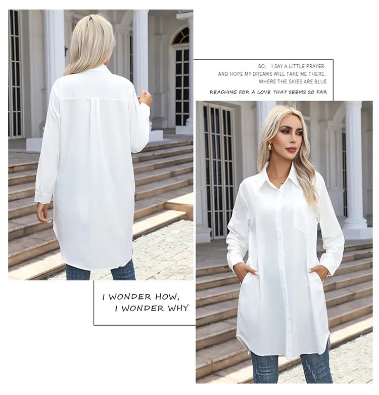 Long Shirt Women 2023 Vintage Pocket Shirts &Blouses Oversized Long Sleeve Blouse Fashion Women's Clothing Button Up Womens Tops