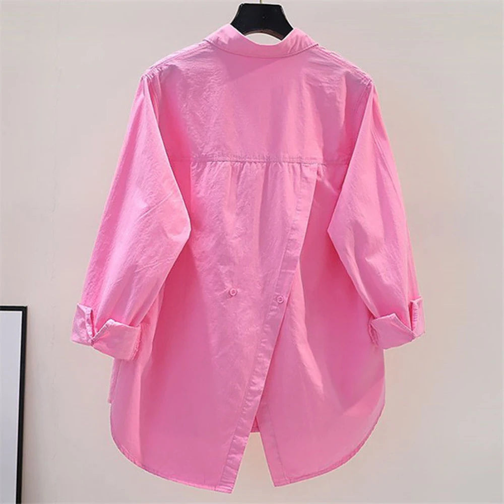 Women's Simple Casual Asymmetrical Oversized Cotton Button Up Long Sleeve Tunic Shirts Solid Streetwear Top Blouse Blusas Mujer