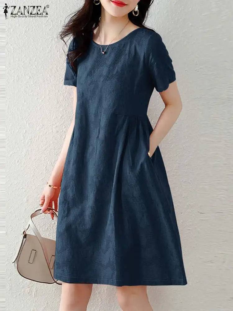 ZANZEA Holiday Texture Fabric Cotton Robe Women Knee-length Dress 2024 Summer Short Sleeve Vestido Casual Loose Solid Mini Dress