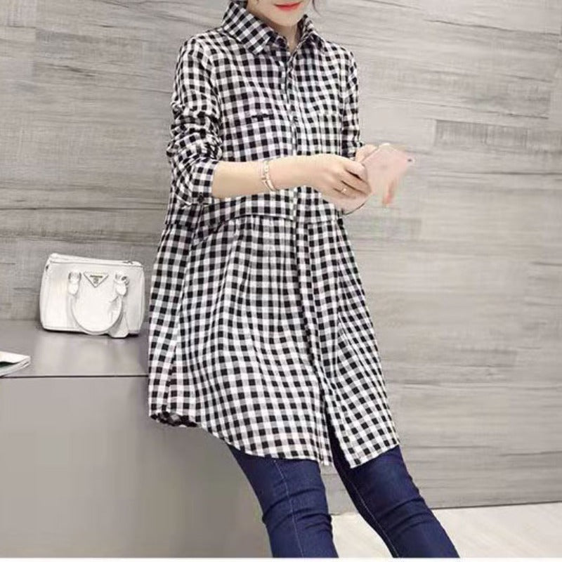 All-match Button Solid Midi Autumn Blouse for Female 2023 Korean Fashion Spliced Shirt Loose Long Sleeve Winter Polo-Neck Shirt