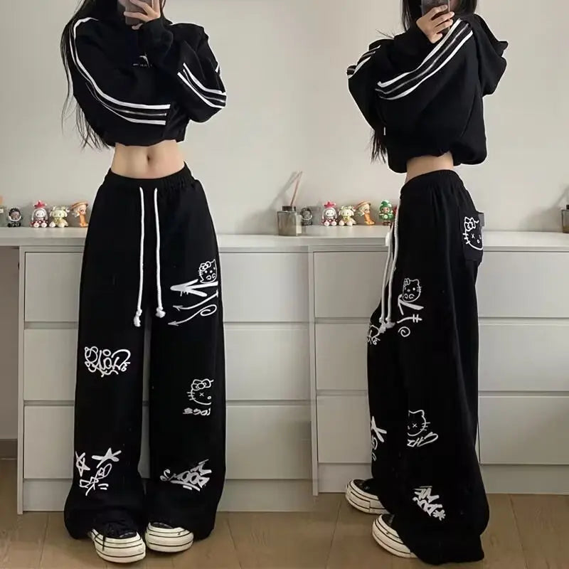 Loose Fitting Casual Pants Fashionable And Fun Cartoon Dog And Cat Graffiti Pattern Korean Fashion Spring Fall Baggy Straight