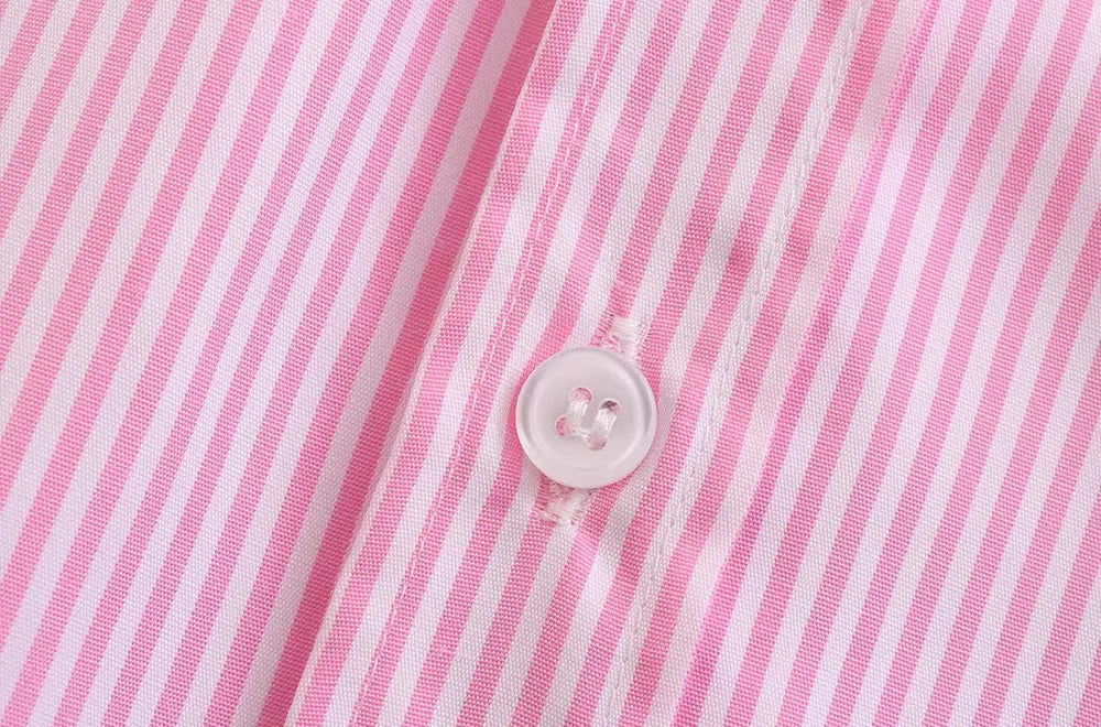 TRAF-Striped Loose Shirts With Pocket for Women, Long Sleeve, Button-up Blouses, Chic Tops, Female Fashion