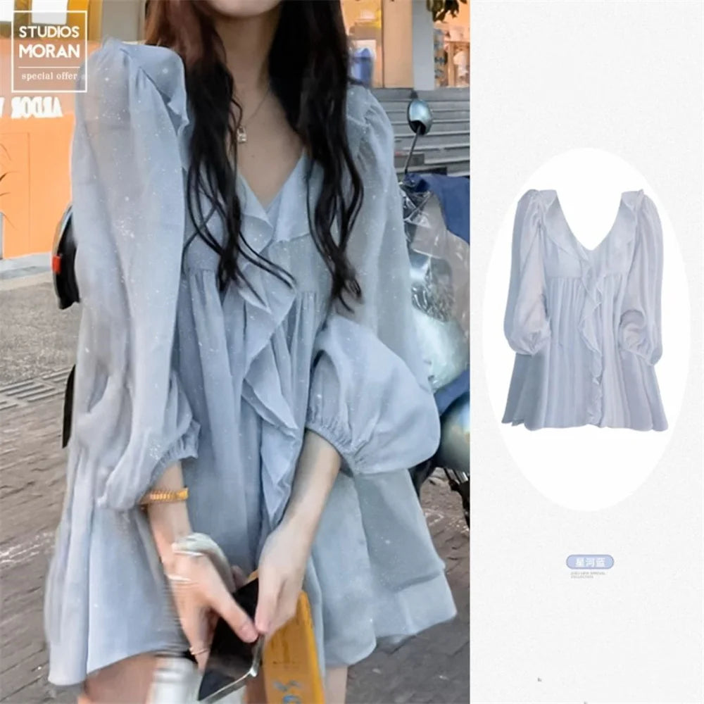 Blouse Women Elegant Ruffles Casual Solid New Chiffon Fashion Two-piece Daily Design Popular Basic Soft Tops Sweet Lady Shirts