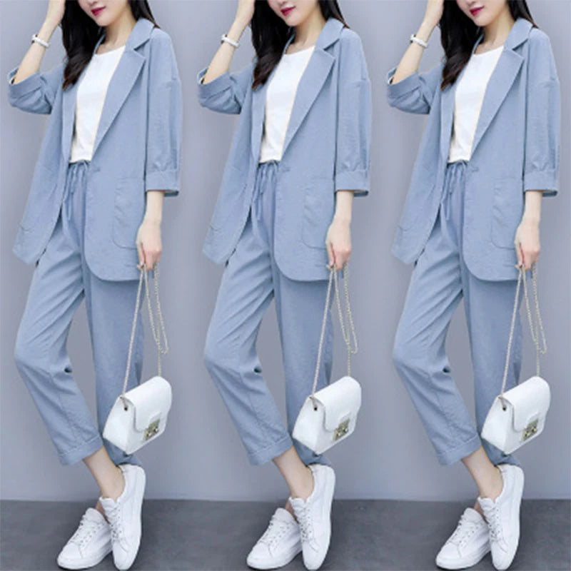 Spring and Autumn New Fashion Plus Size Women's Three Piece Suit Cotton Blended Single Button Coat Nine Point Pants Office