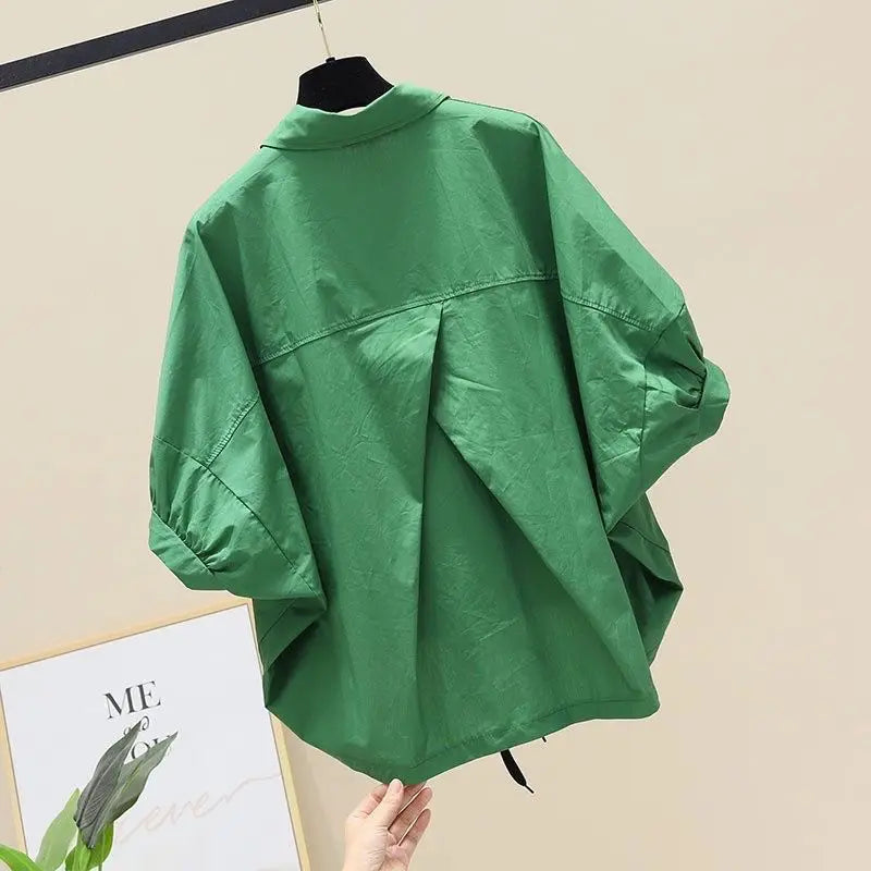 Summer New Bat Sleeve Pockets Shirt Women Loose Casual Short Sleeve Blouse Solid Lace Up Tops Half Shirts Lady High Street Trend