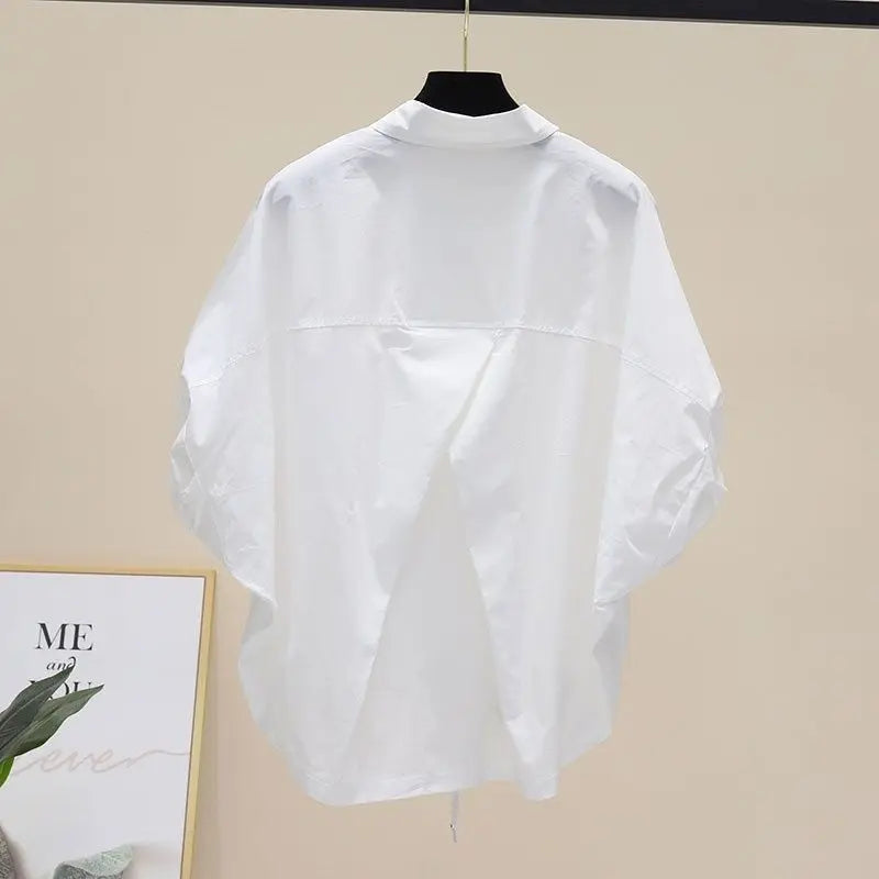 Summer New Bat Sleeve Pockets Shirt Women Loose Casual Short Sleeve Blouse Solid Lace Up Tops Half Shirts Lady High Street Trend