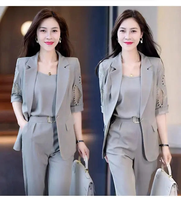 2023 Autumn New Vintage Hollow Short Sleeve Jacket with Tank Top Casual Pants Three Piece Elegant Women's Pants Suit Office Set