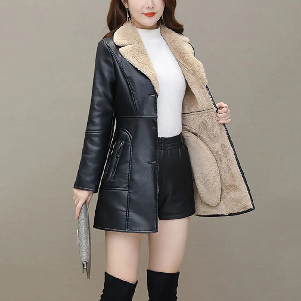 Womens Leather Windbreaker Plus Velvet Thick PU Leather Cotton Coat Long Suit Collar Large Size Fashion Warm Leather Jackets