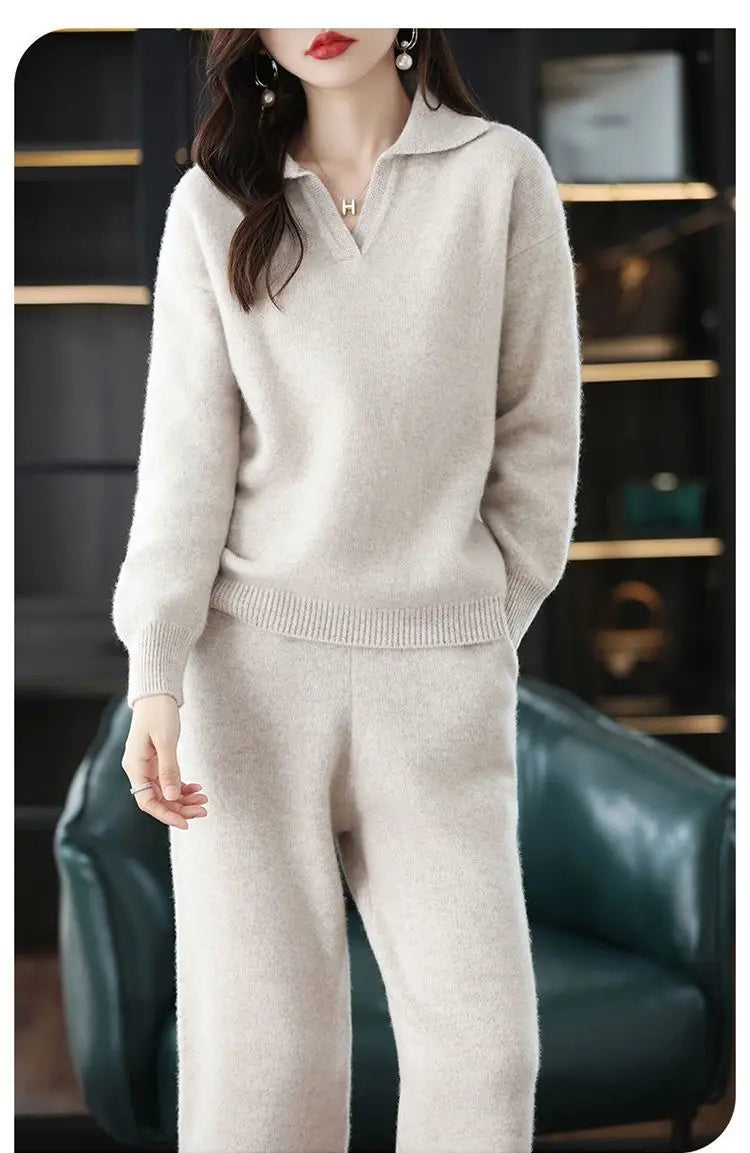 Knitted Suit Women's 2024 New Fashion Autumn Winter Long-sleeved Lapel Sweater+Wide leg pants Female Loose Casual Two-piece Sets