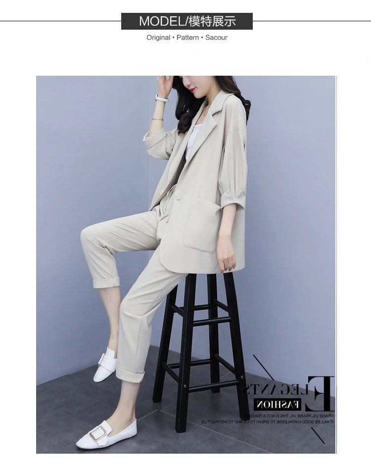Spring and Autumn New Fashion Plus Size Women's Three Piece Suit Cotton Blended Single Button Coat Nine Point Pants Office