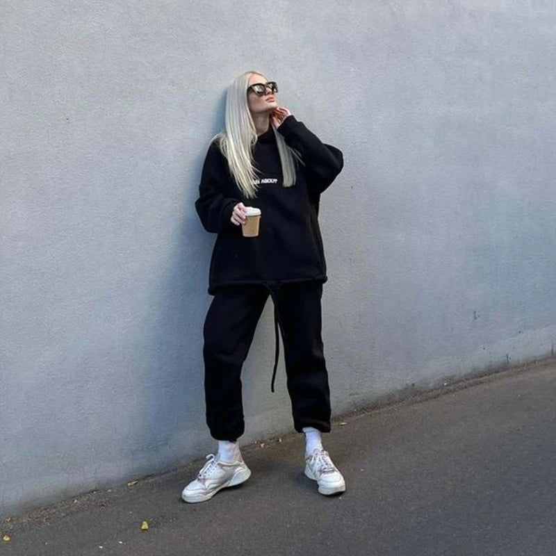 2024 New Women's Casual Fashion Print Suit Solid Color Thickened Warm Hooded Top Elastic Sports Pants Female's Two Piece Set